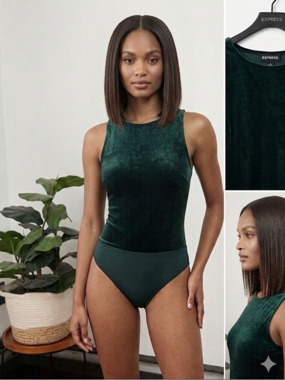 Express Forest Green Velvet Sleeveless Bodysuit